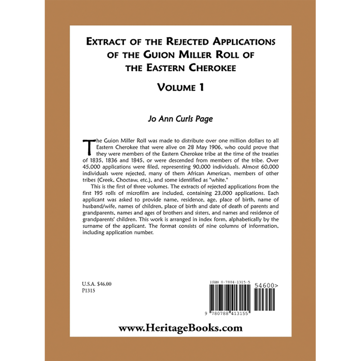 Extract of the Rejected Applications of the Guion Miller Roll of the Eastern Cherokee, Volume 1 back cover