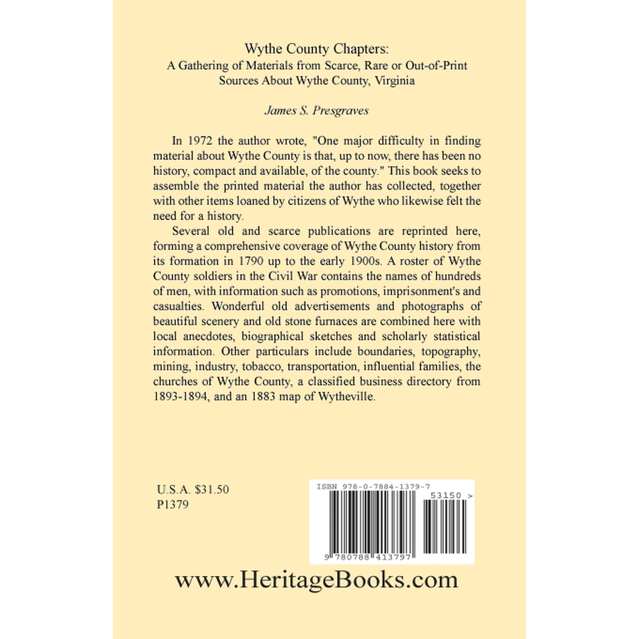 Wythe County Chapters: A Gathering of Materials from Scarce, Rare or Out-of-Print Sources About Wythe County, Virginia back cover