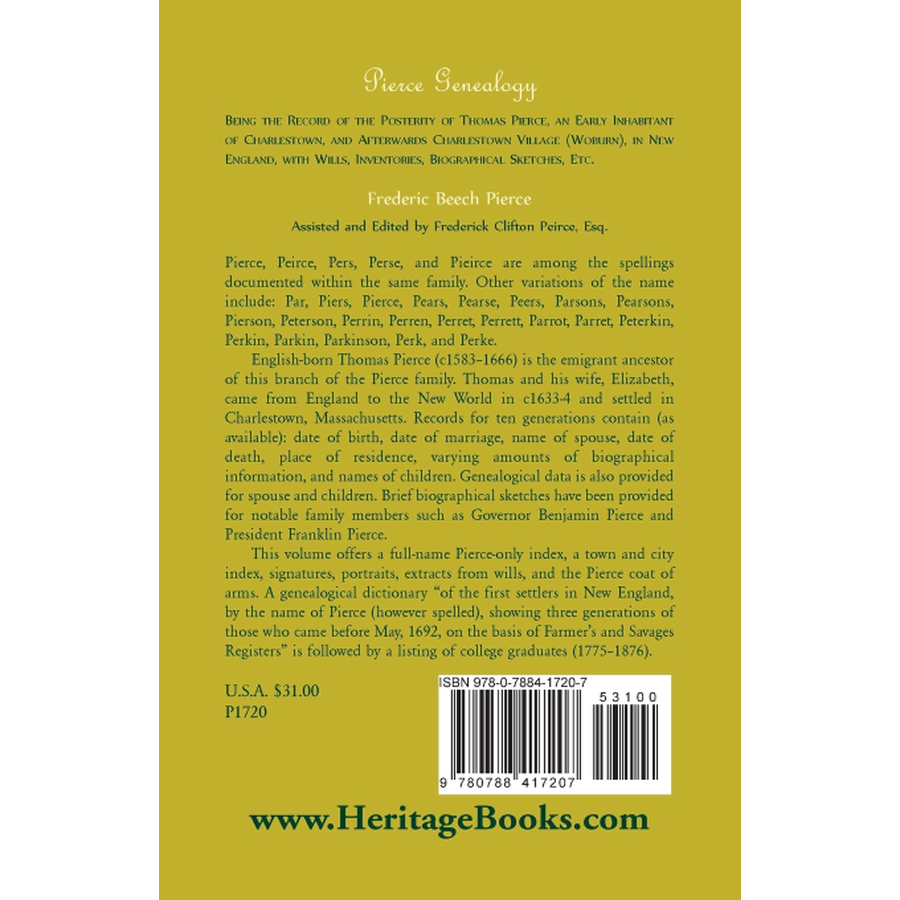 Pierce Genealogy, Being the Record of the Posterity of Thomas Pierce back cover