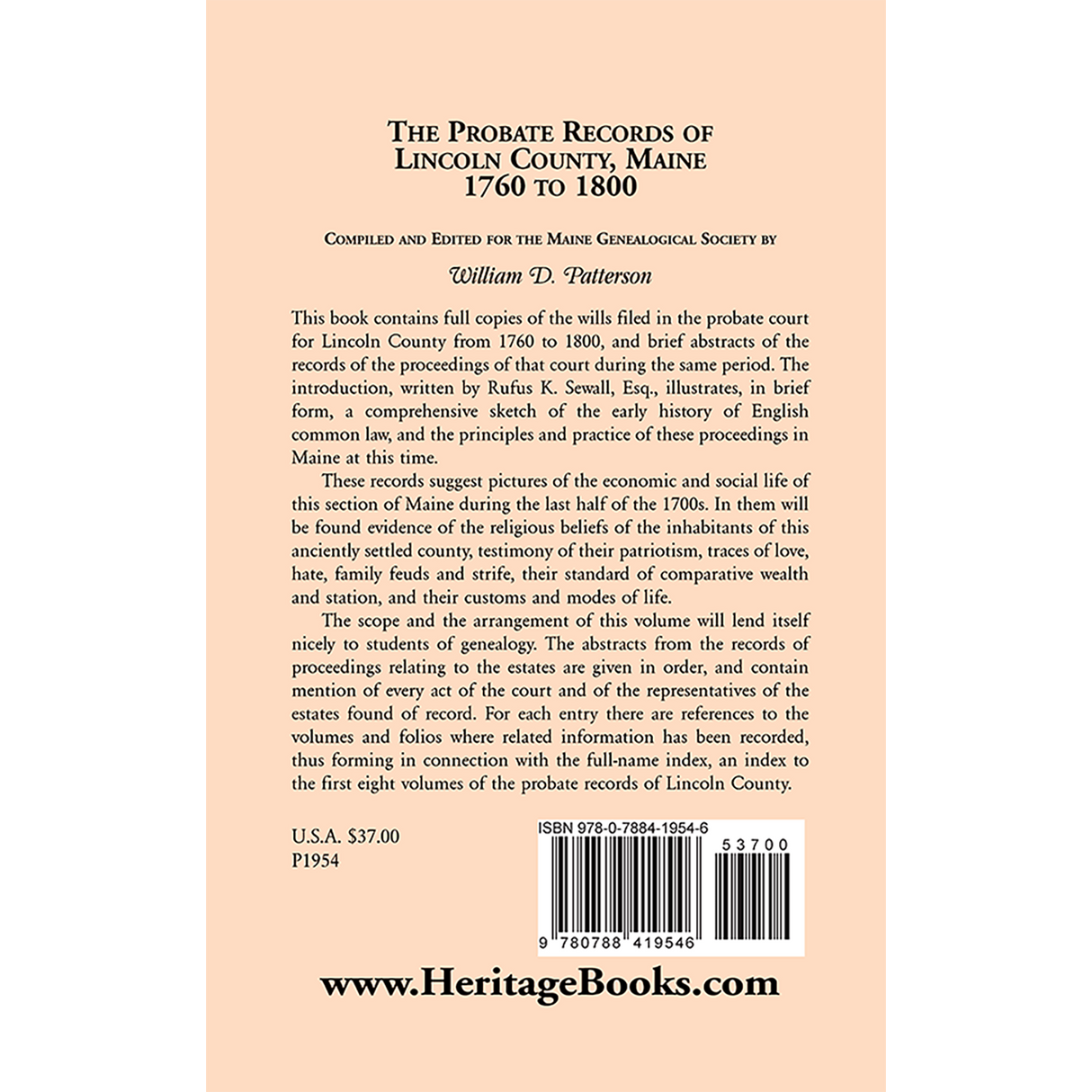 The Probate Records of Lincoln County, Maine, 1760 to 1800 back cover