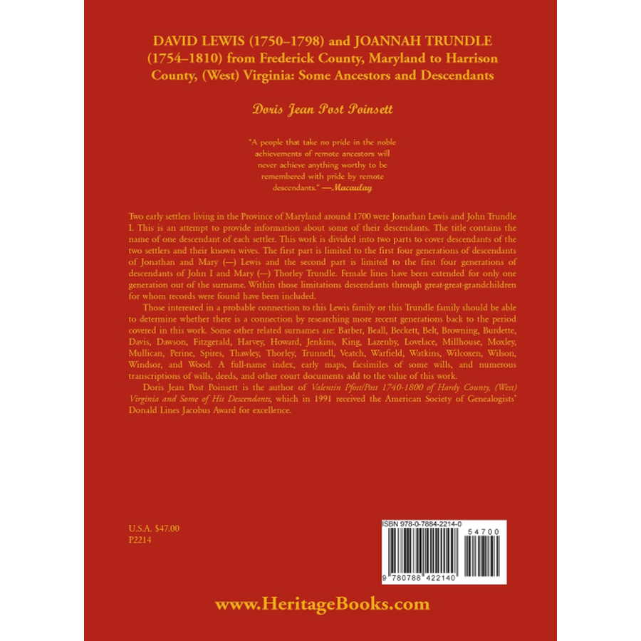 David Lewis (1750-1798) and Joannah Trundle (1754-1810) from Frederick County, Maryland to Harrison County, (West) Virginia back cover