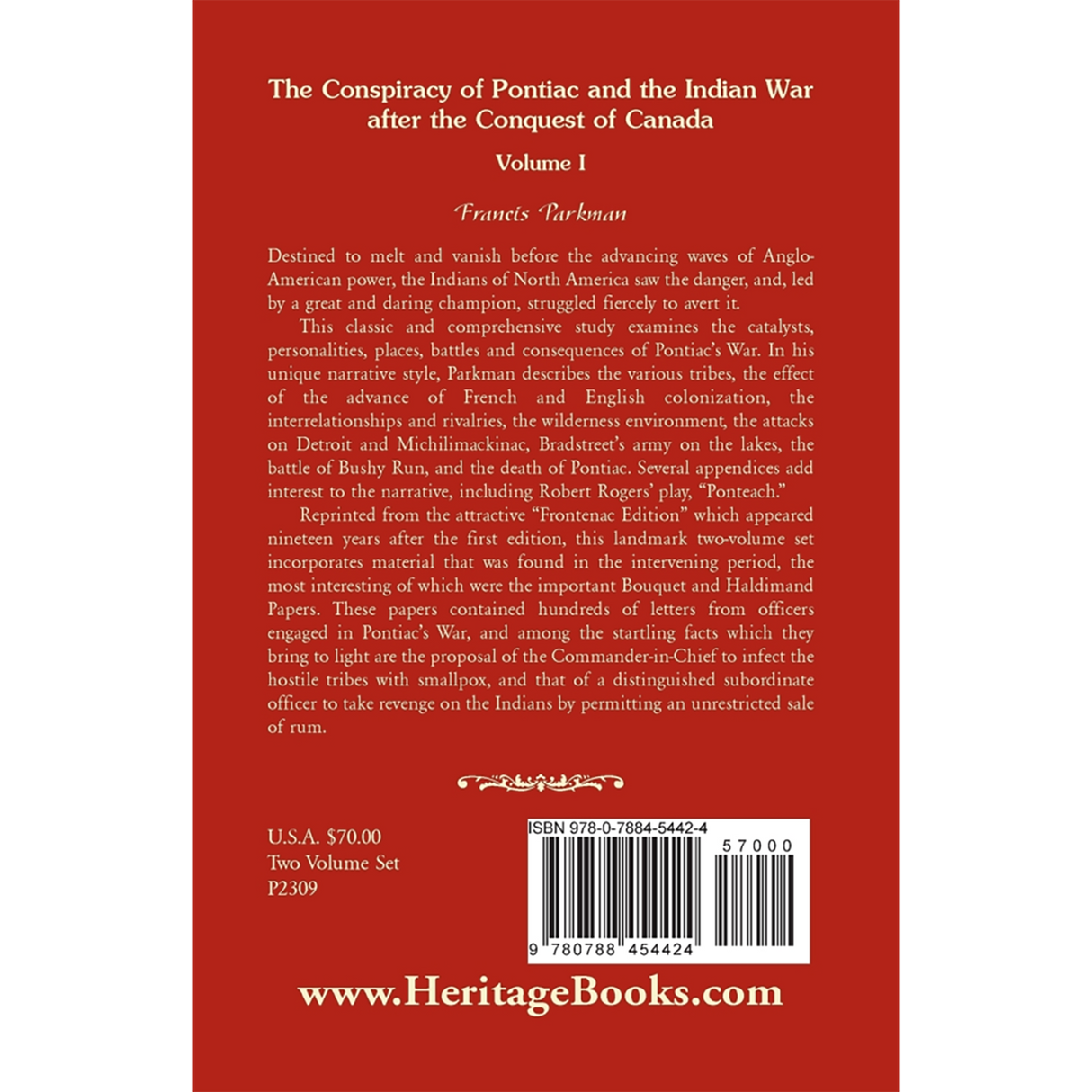 The Conspiracy of Pontiac and the Indian War after the Conquest of Canada, Volume I back cover