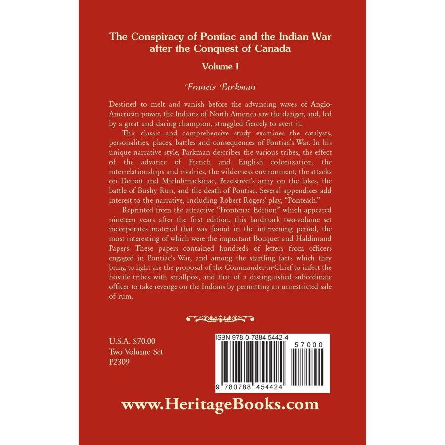 The Conspiracy of Pontiac and the Indian War after the Conquest of Canada, Volume I back cover