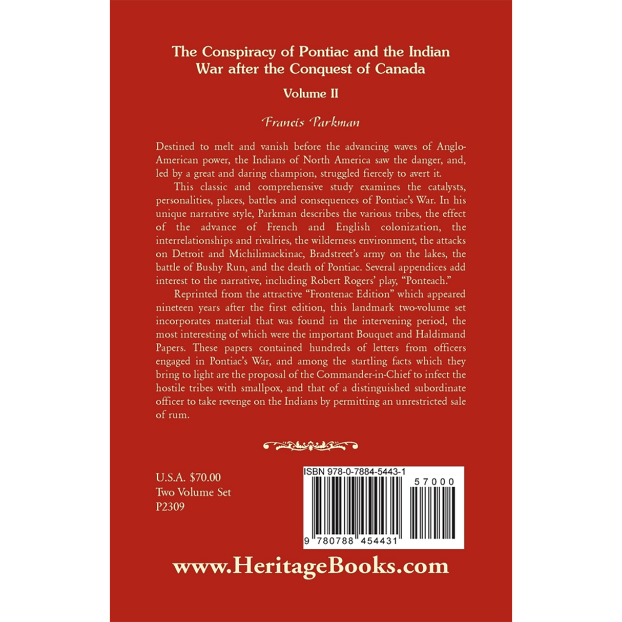 The Conspiracy of Pontiac and the Indian War after the Conquest of Canada, Volume II back cover
