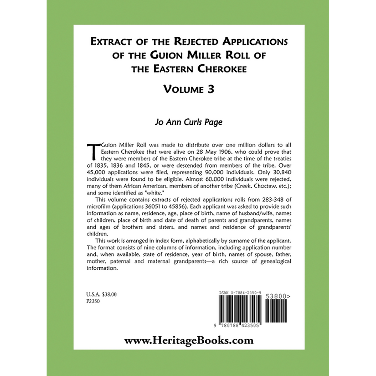 Extract of the Rejected Applications of the Guion Miller Roll of the Eastern Cherokee, Volume 3 back cover