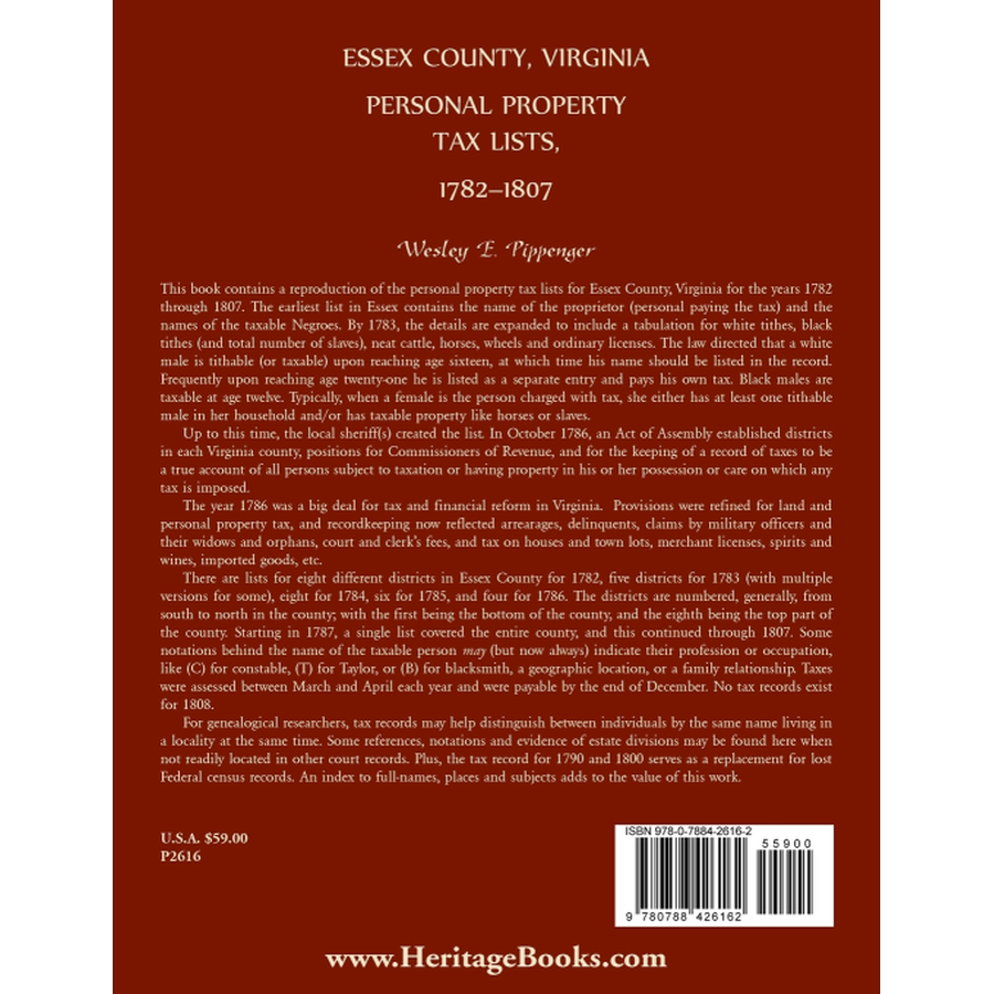 Essex County, Virginia Personal Property Tax Lists, 1782-1807 back cover