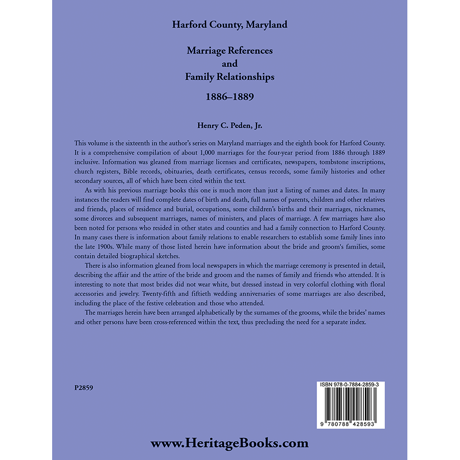Harford County, Maryland Marriage References and Family Relationships, 1886-1889 back cover