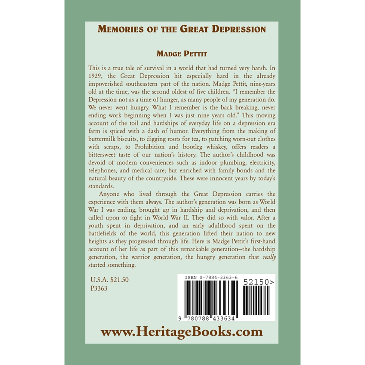Memories of the Great Depression back cover