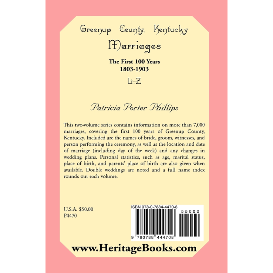 Greenup County, Kentucky Marriages, The First 100 Years, 1803-1903, L-Z back cover