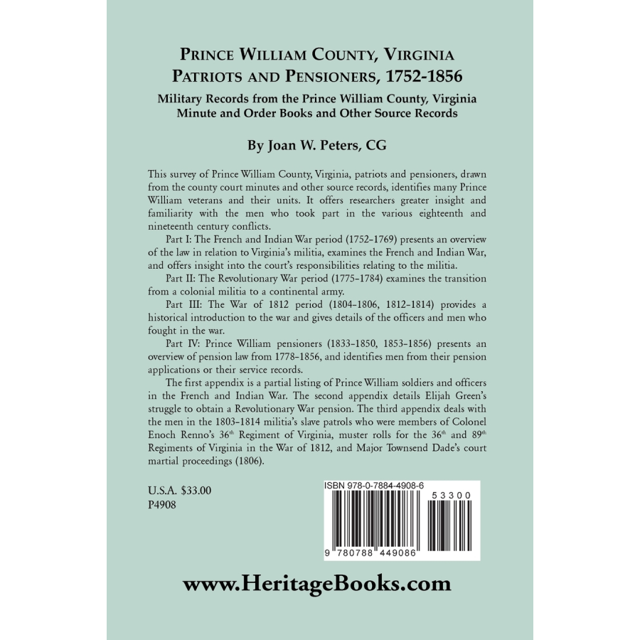Prince William County, Virginia Patriots and Pensioners, 1752-1856 back cover