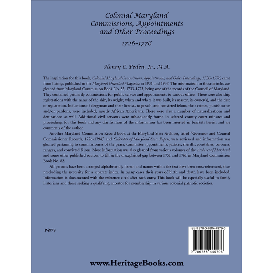 Colonial Maryland Commissions, Appointments and Other Proceedings, 1726–1776 back cover
