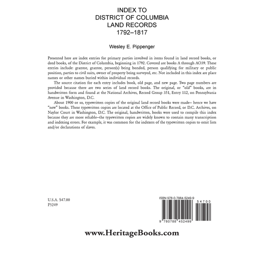 Index to District of Columbia Land Records, 1792-1817 back cover