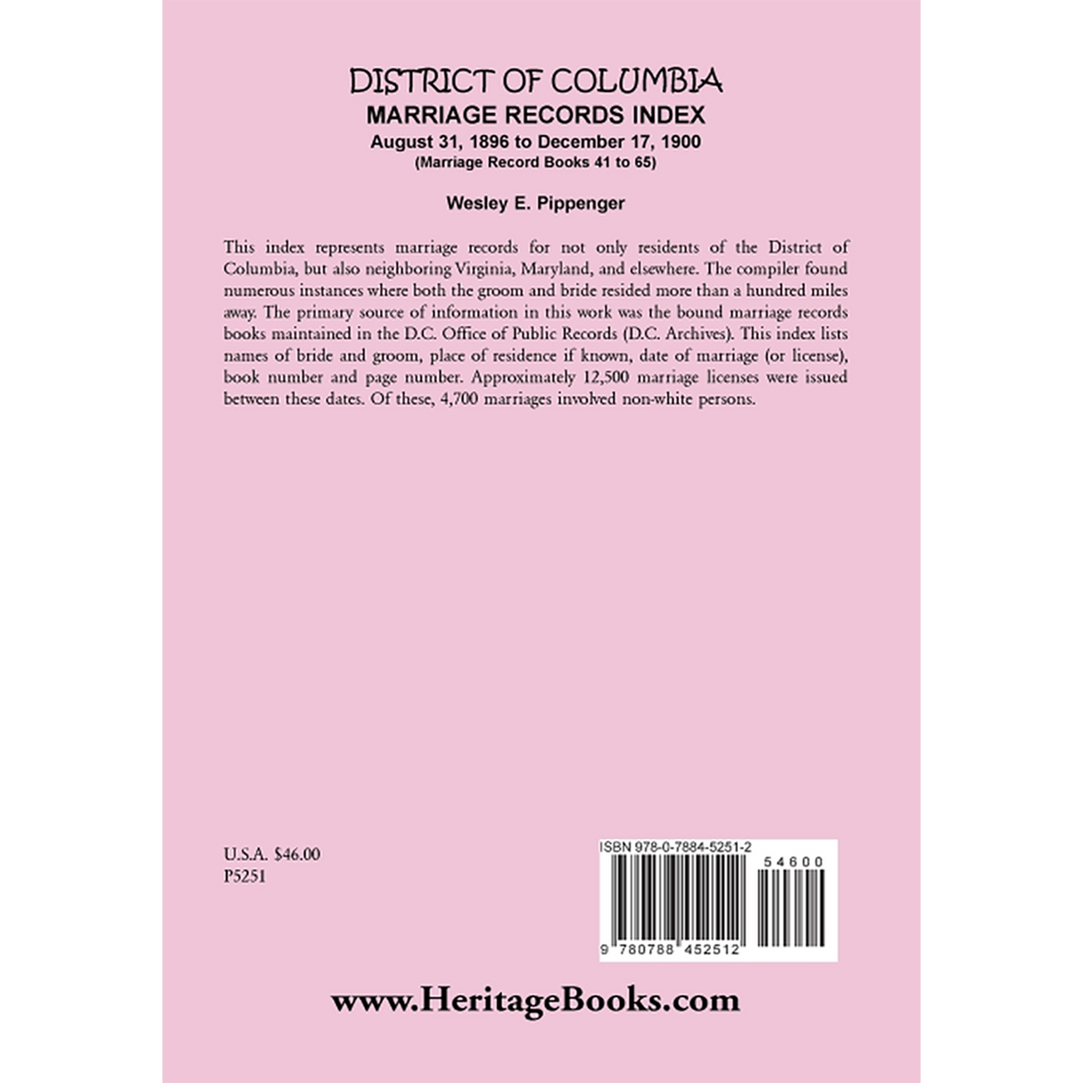 District of Columbia Marriage Records Index, August 31, 1896 to December 17, 1900 (Marriage Record Books 41 to 65) back cover