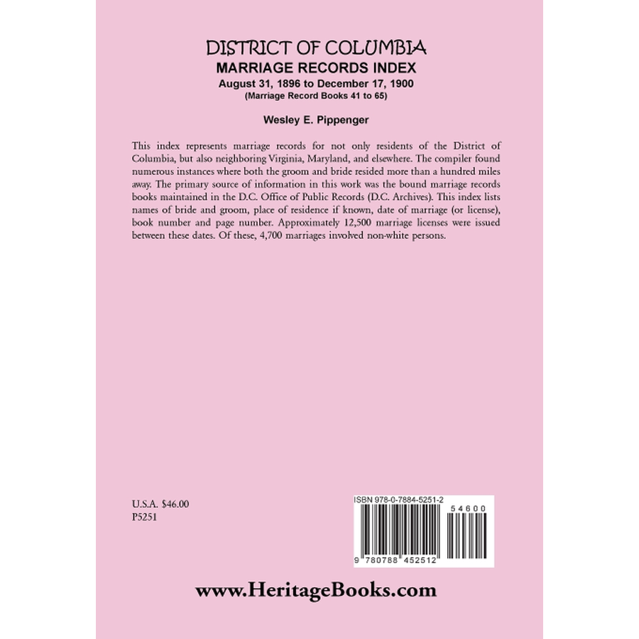 District of Columbia Marriage Records Index, August 31, 1896 to December 17, 1900 (Marriage Record Books 41 to 65) back cover