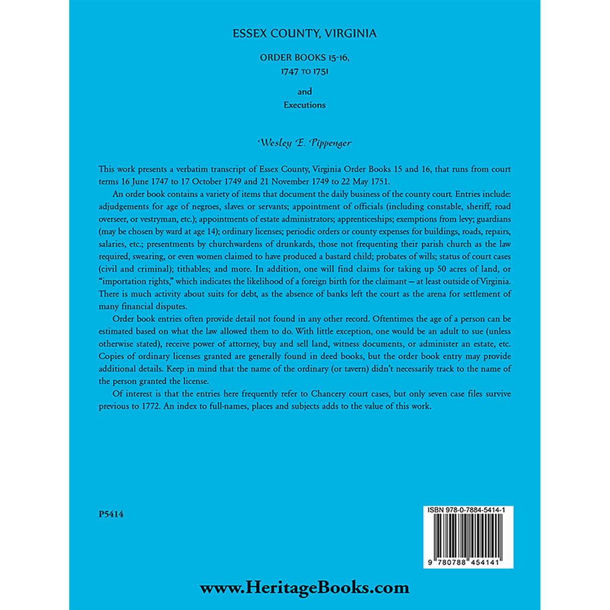 Essex County, Virginia Order Books, Volume 15-16, 1747 to 1751, Executions back cover