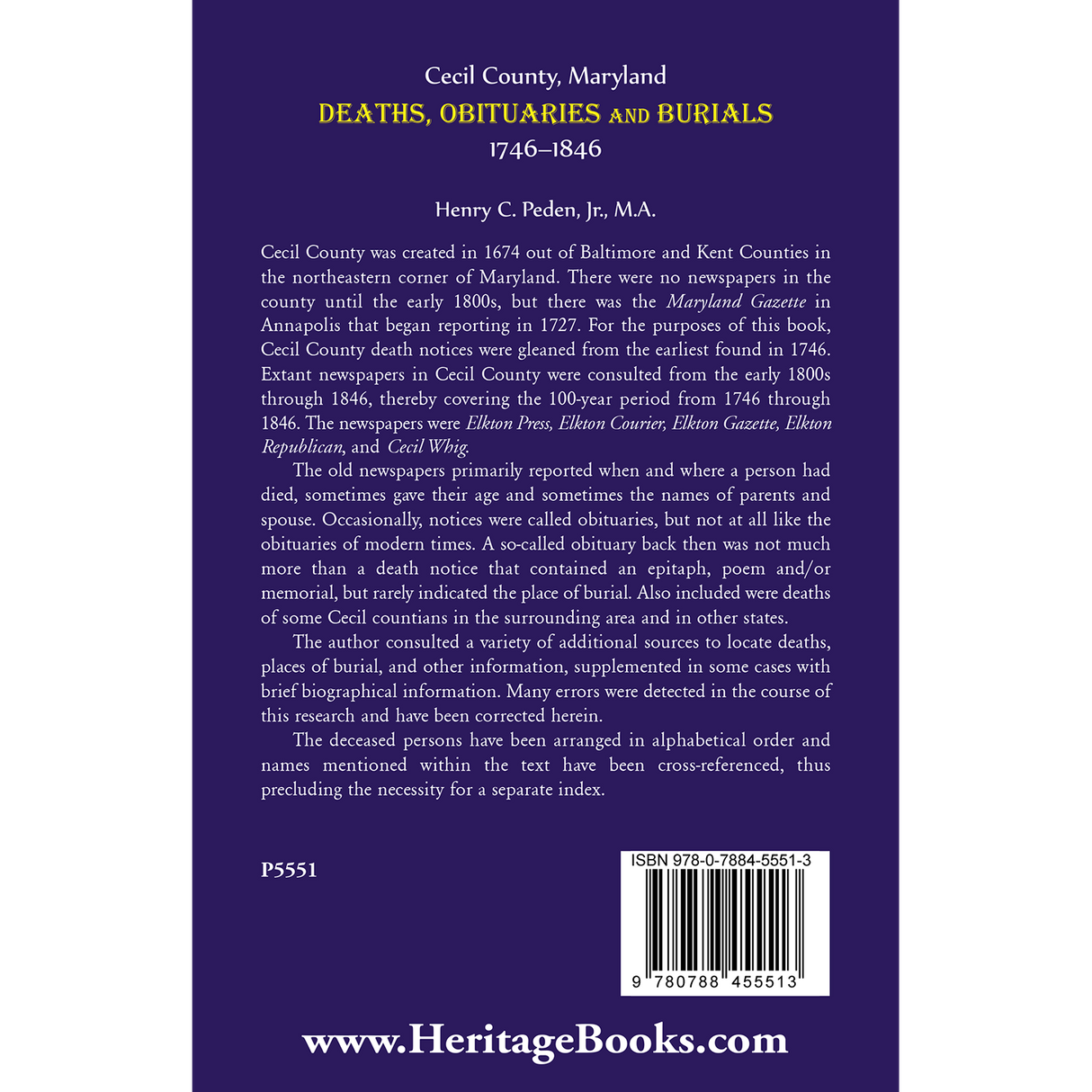 Cecil County, Maryland Deaths, Obituaries and Burials, 1746-1846 back cover