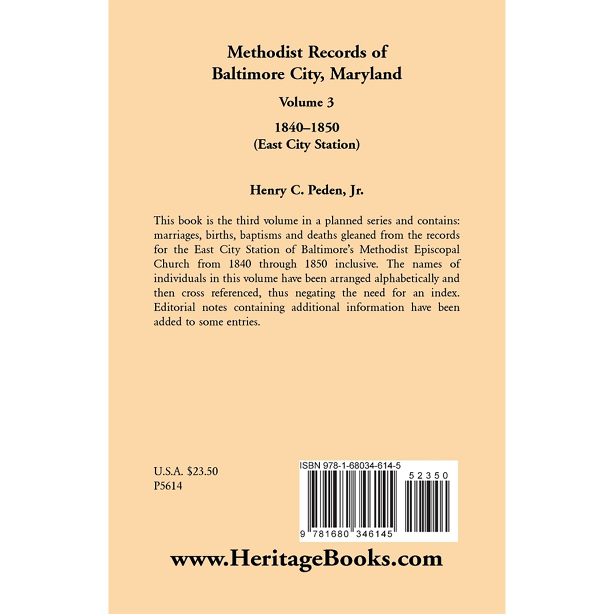 Methodist Records of Baltimore City, Maryland: Volume 3, 1840-1850 (East City Station) back cover