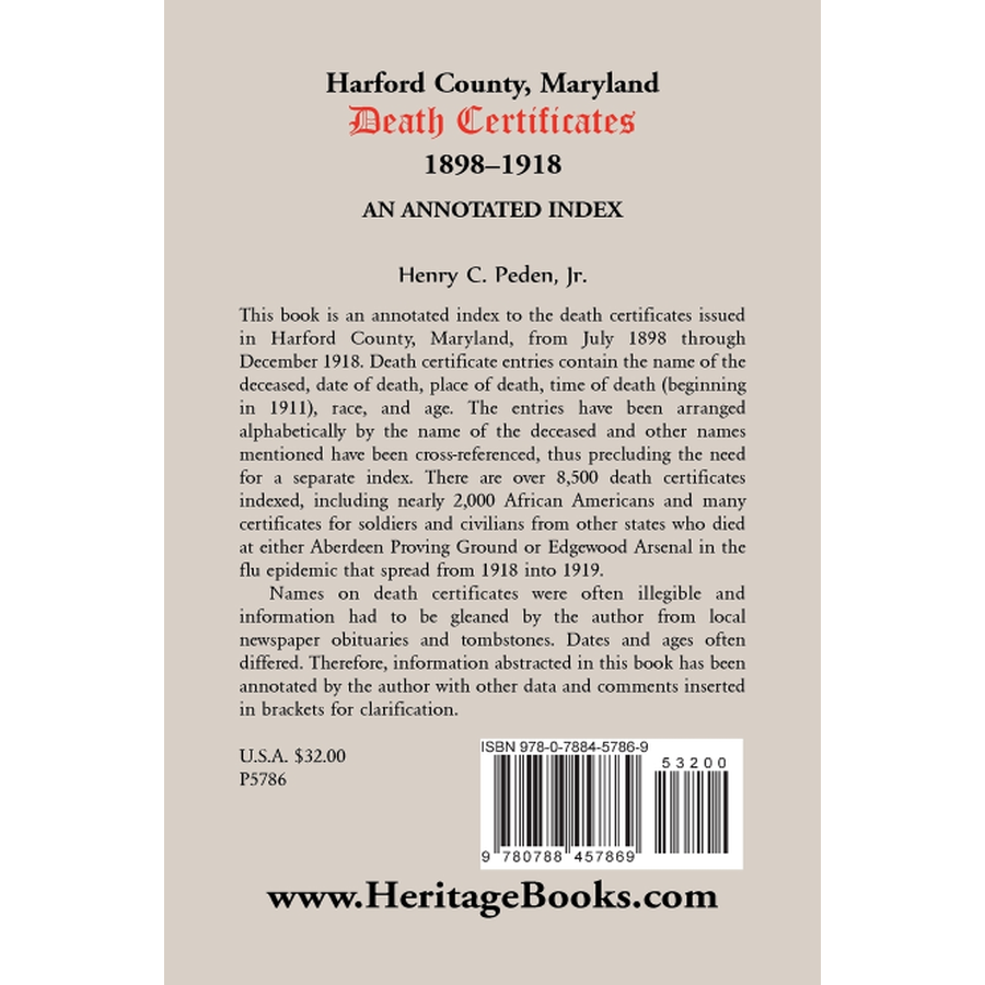 Harford County, Maryland Death Certificates, 1898-1918: An Annotated Index back cover