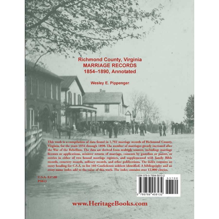 Richmond County, Virginia Marriage Records, 1854-1890, Annotated back cover