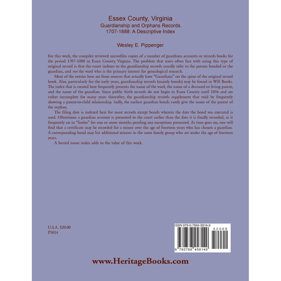 Essex County, Virginia Guardianship and Orphans Records, 1707-1888, A Descriptive Index back cover