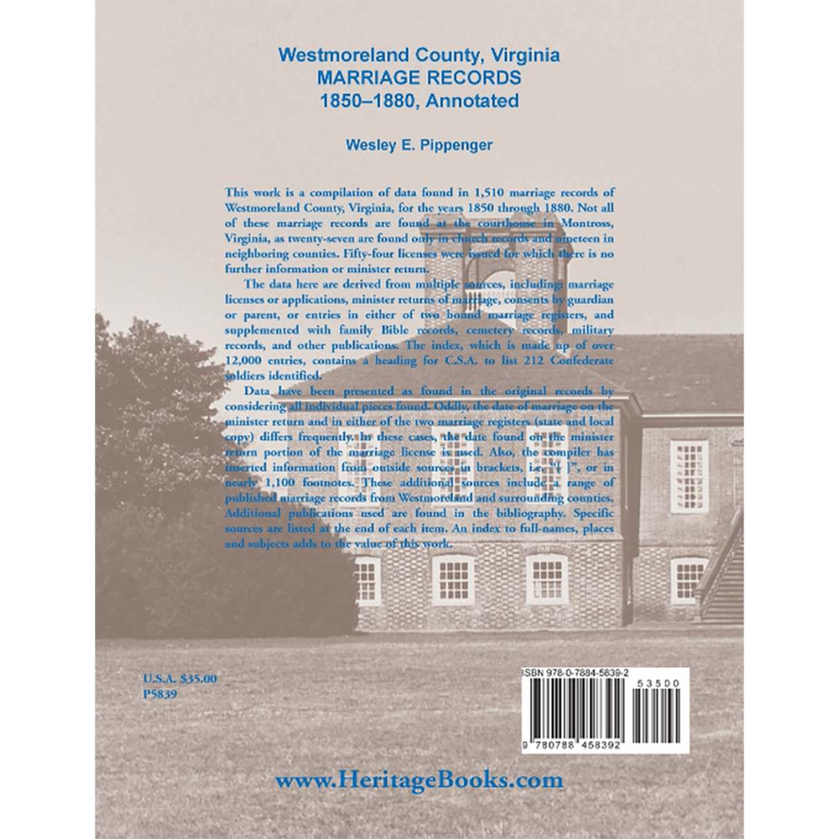 Westmoreland County, Virginia Marriage Records, 1850-1880, Annotated back cover