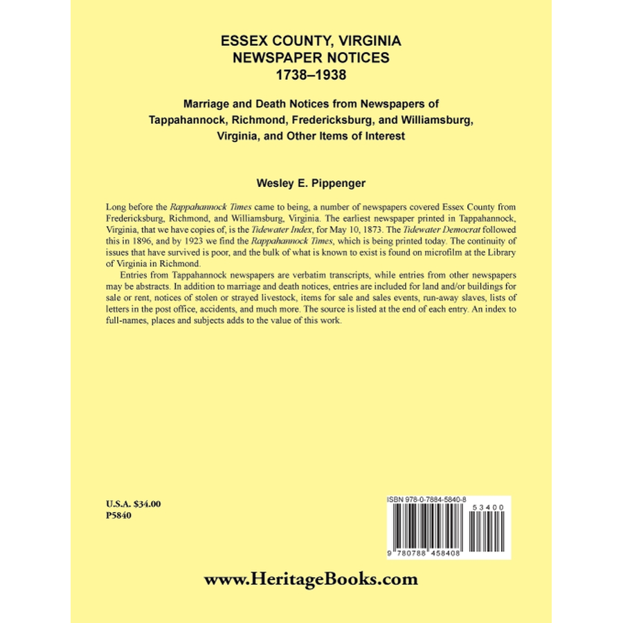 Essex County, Virginia Newspaper Notices, 1738-1938; Marriage and Death Notices back cover