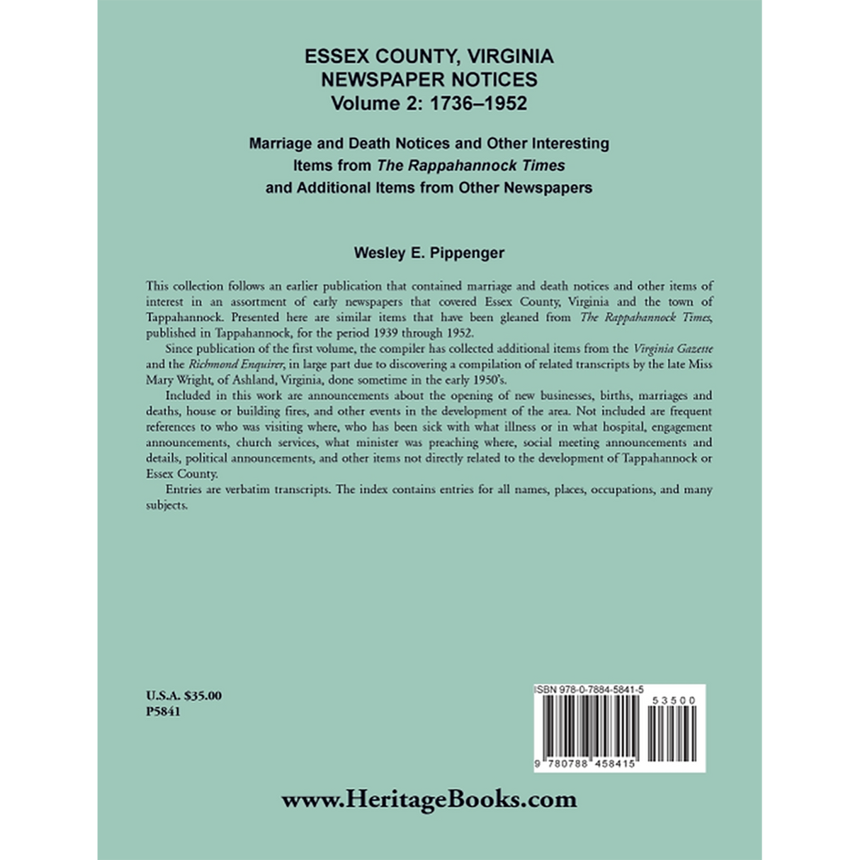 Essex County, Virginia Newspaper Notices, Volume 2: 1736-1952 back cover