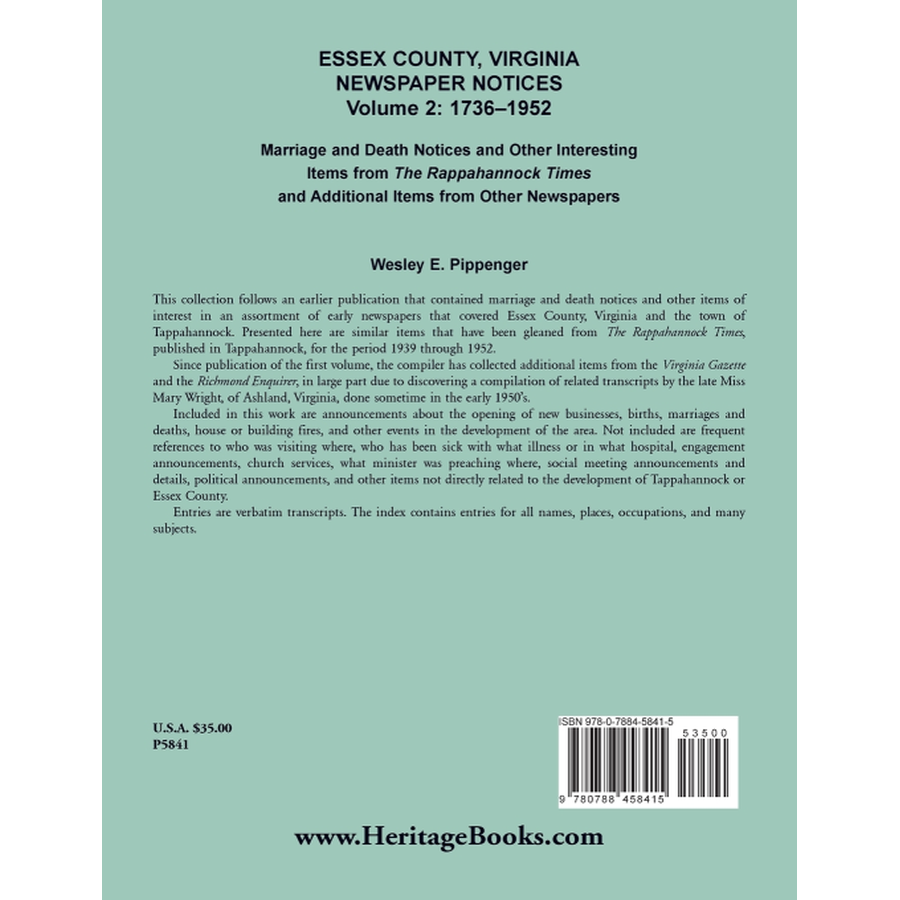 Essex County, Virginia Newspaper Notices, Volume 2: 1736-1952 back cover