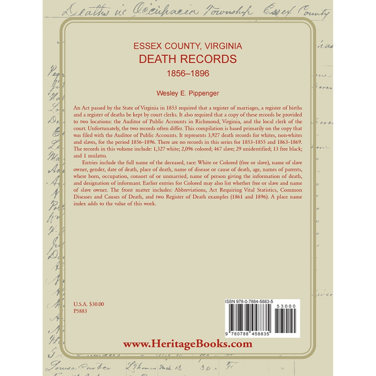 Essex County, Virginia Death Records, 1856-1896 back cover