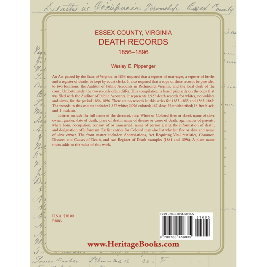 Essex County, Virginia Death Records, 1856-1896 back cover