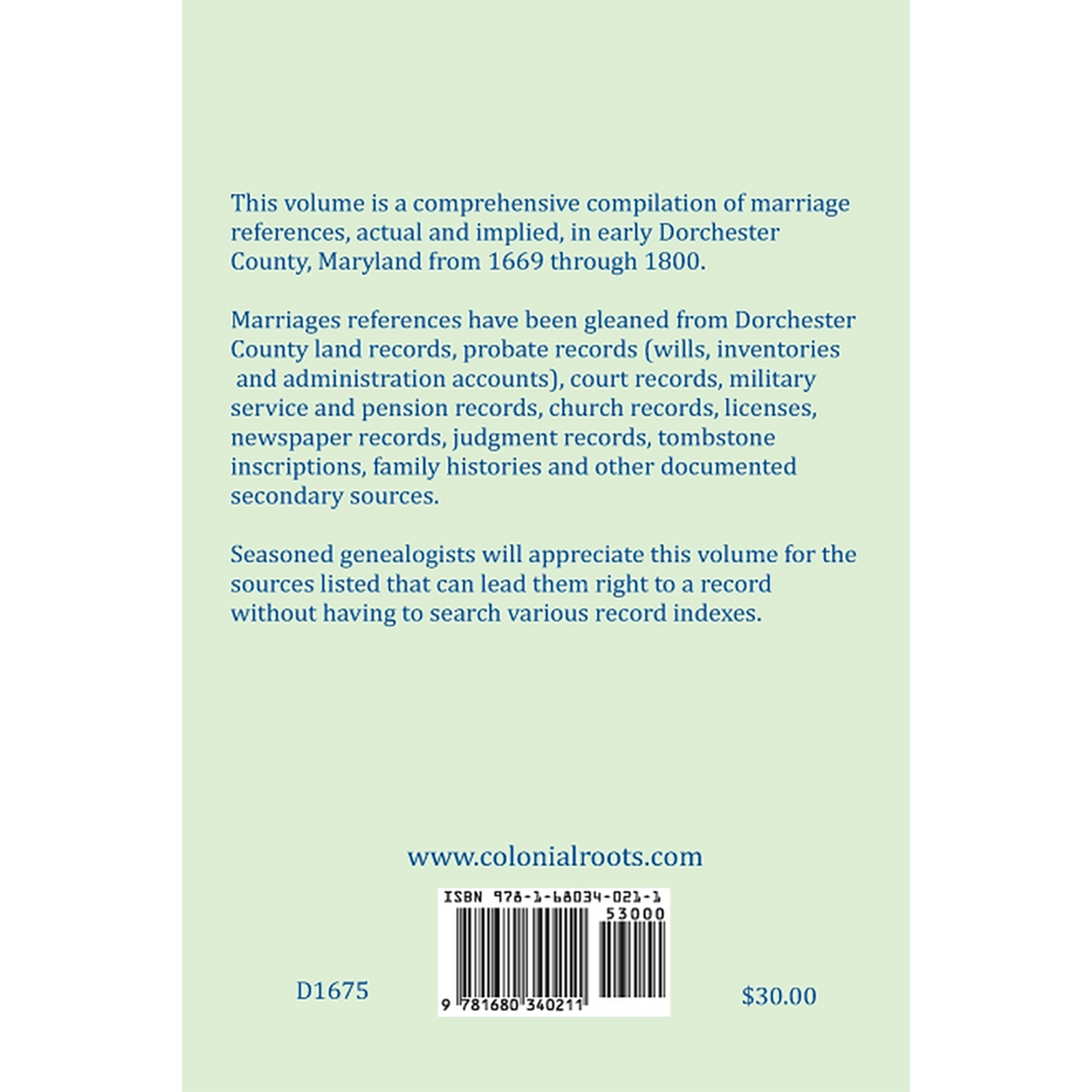 Dorchester County, Maryland Marriage References, 1669-1800 back cover