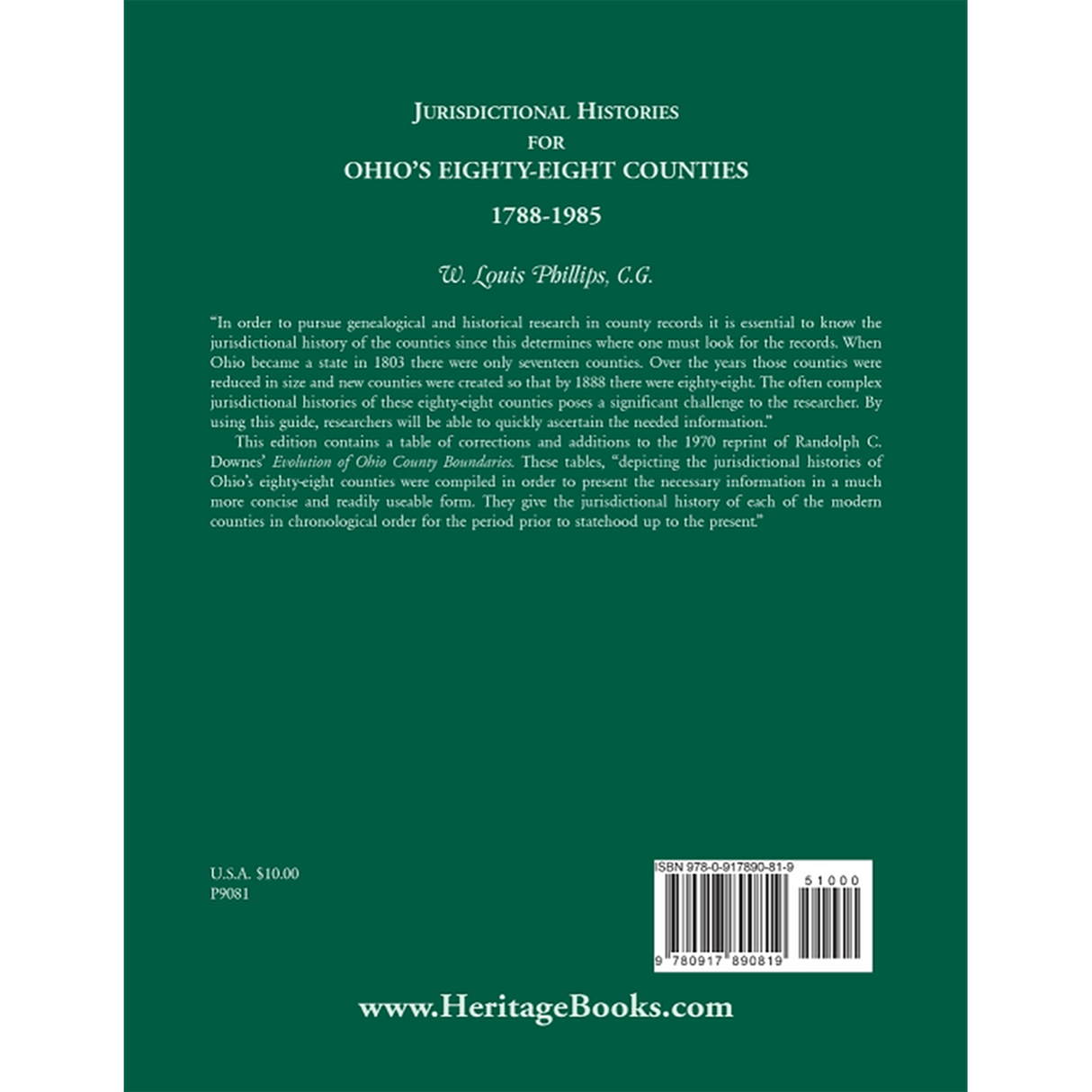 Jurisdictional Histories for Ohio's 88 Counties, 1788-1985 back cover