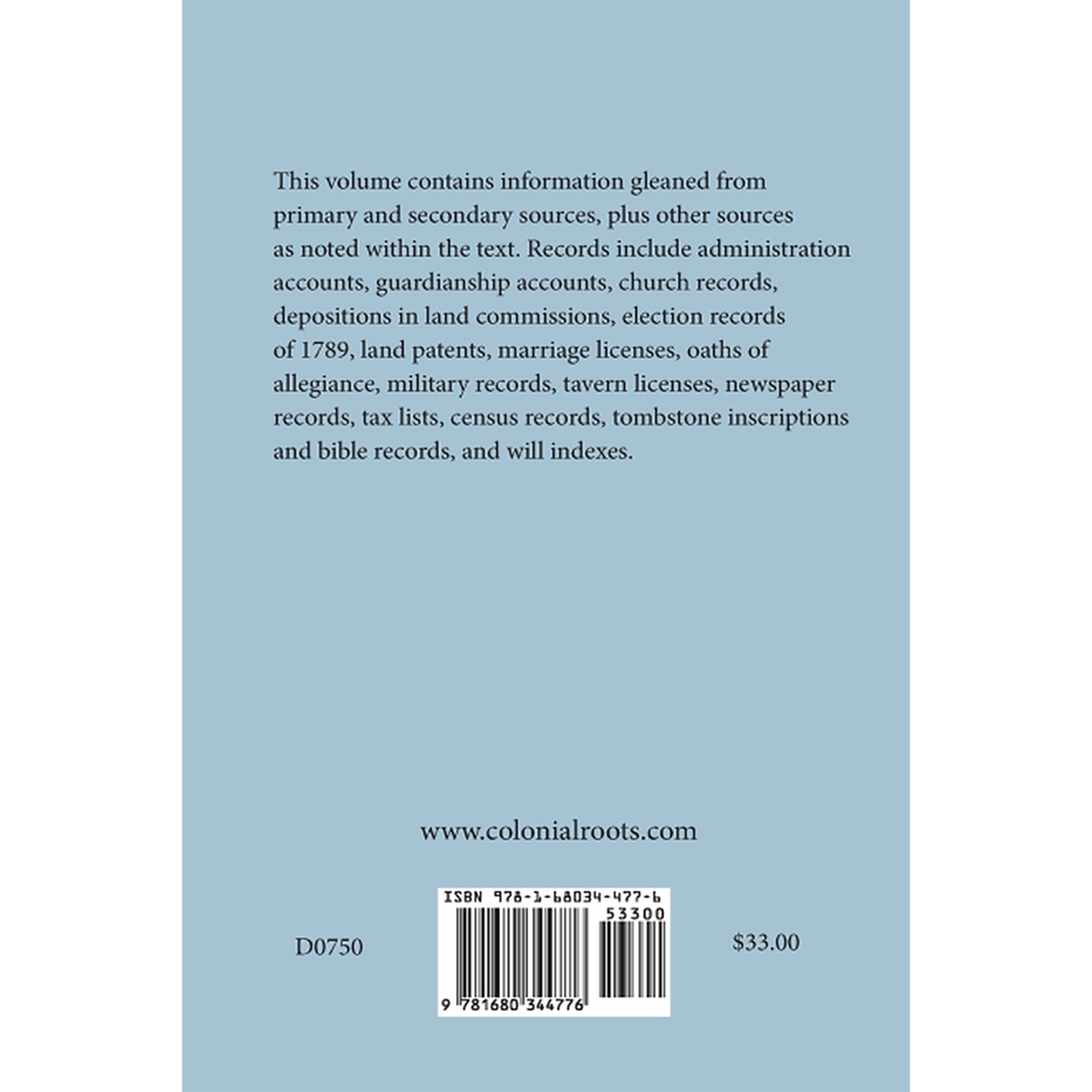Inhabitants of Cecil County, Maryland 1774-1800 back cover