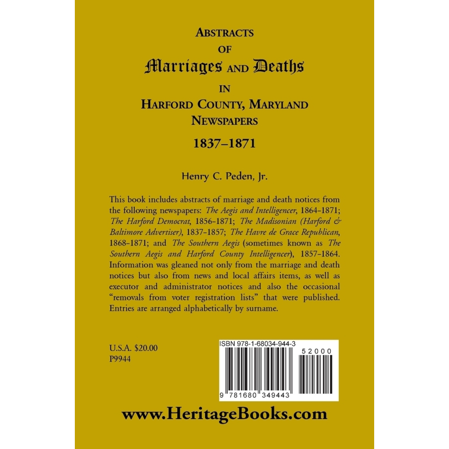 Abstracts of Marriages and Deaths in Harford County, Maryland Newspapers, 1837-1871 back cover