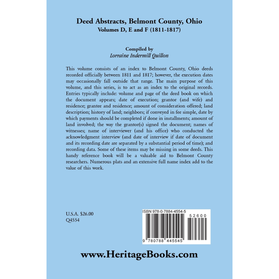 Deed Abstracts Belmont County, Ohio, Volume D, E, and F (1811-1817) back cover