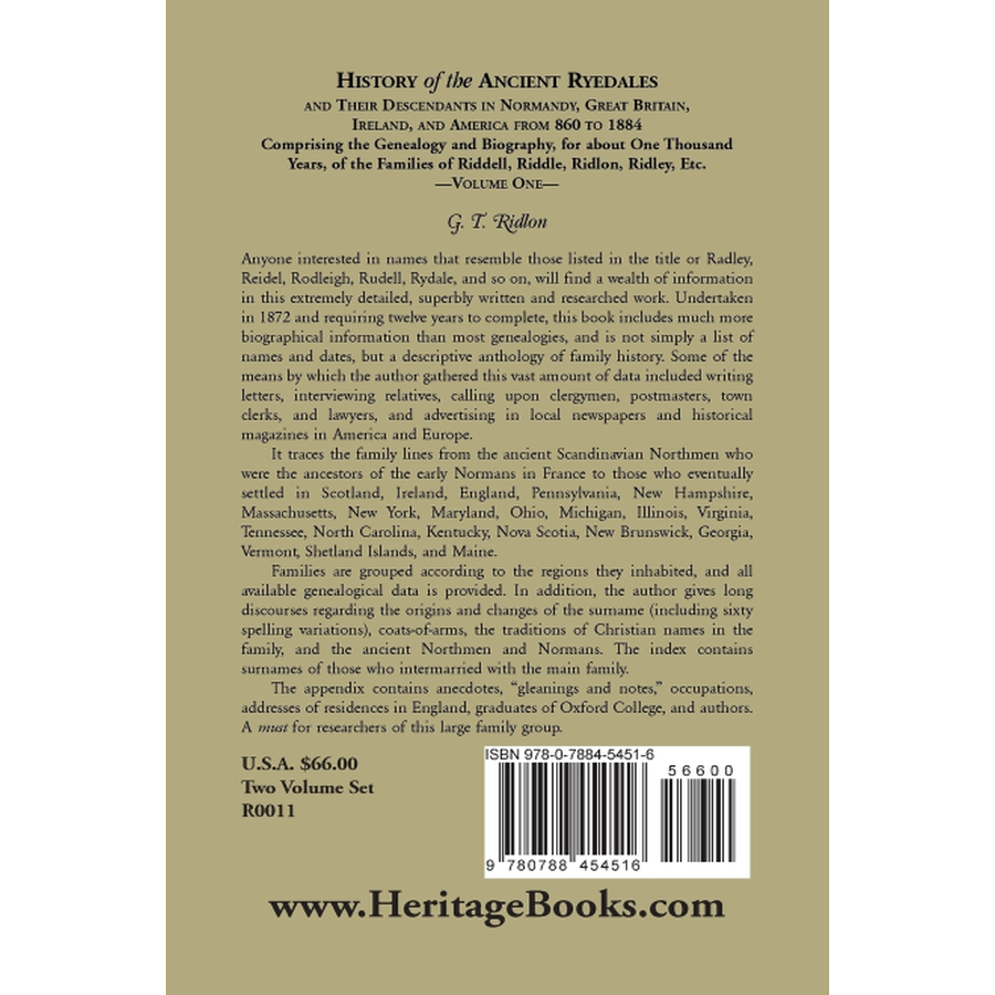 History of the Ancient Ryedales, Volume 1 back cover