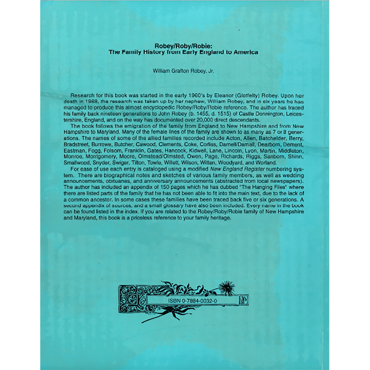 Robey/Roby/Robie: The Family History from Early England to America back cover