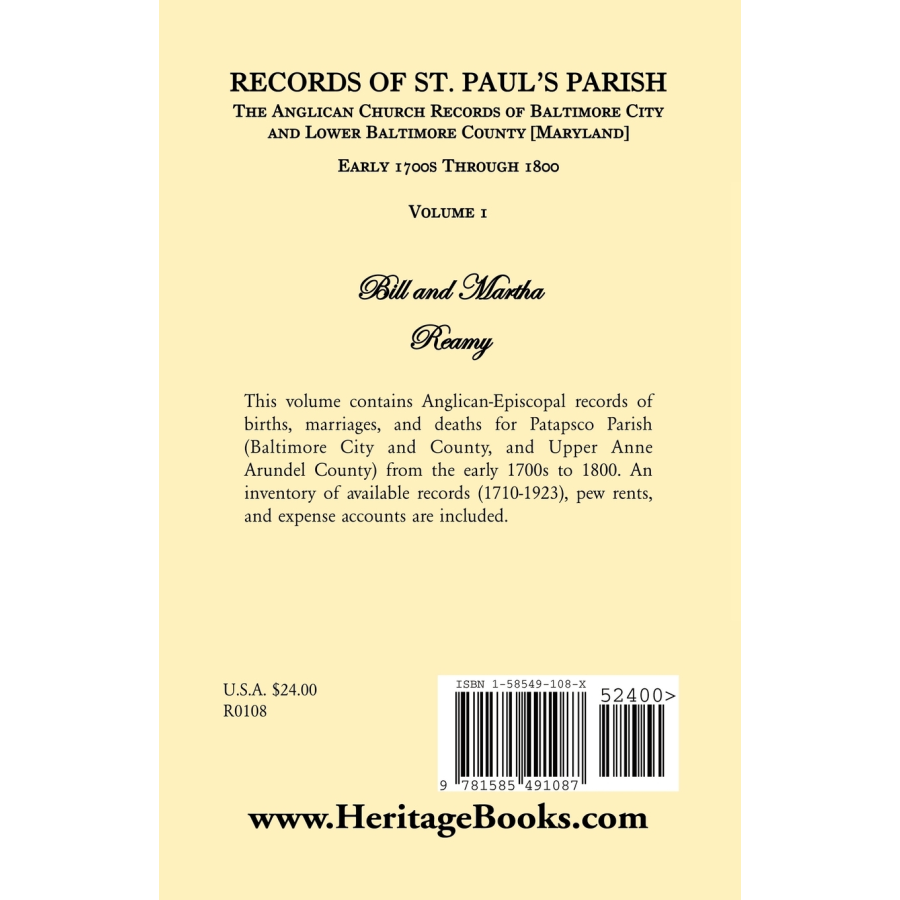 Records of St. Paul's Parish, Anglican Church Records of Baltimore City and Lower Baltimore County, Maryland: Volume 1 back cover