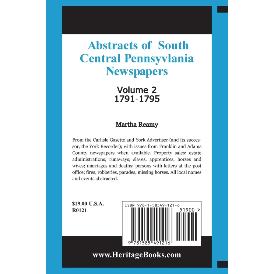 Abstracts of South Central Pennsylvania Newspapers, Volume 2, 1791-1795 back cover