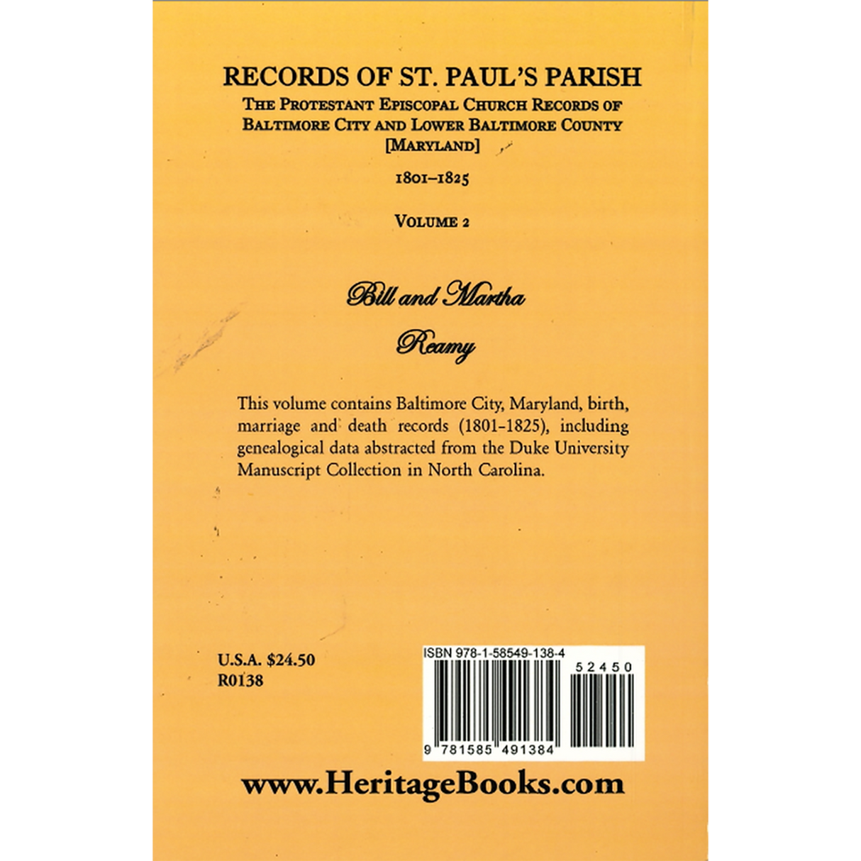 Records of St. Paul's Parish, Baltimore, Maryland: Volume 2 back cover