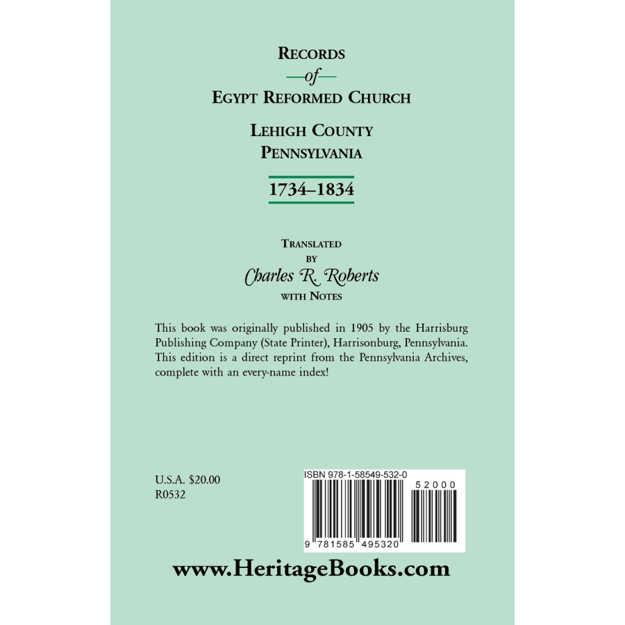 Records of Egypt Reformed Church, Lehigh County, Pennsylvania 1734-1834 back cover