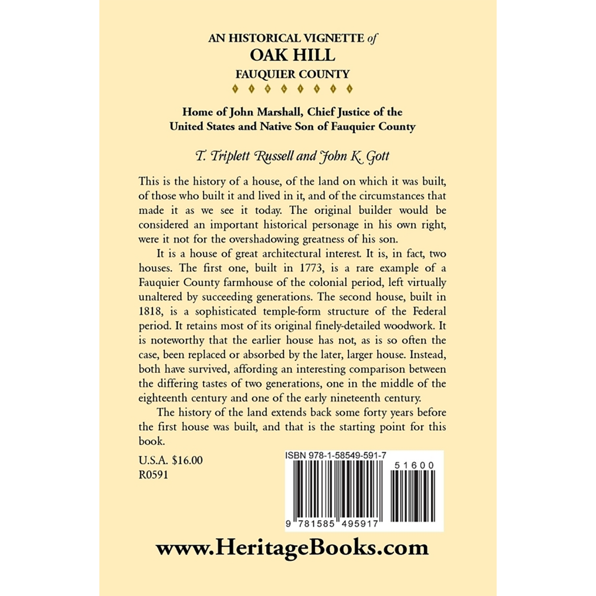 An Historical Vignette of Oak Hill, Fauquier County: Home of John Marshall, Chief Justice of the United States and Native Son of Fauquier County back cover