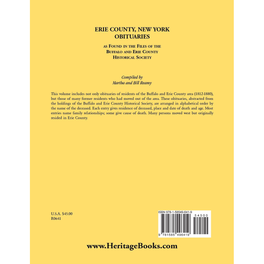 Erie County, New York, Obituaries as Found in the Files of the Buffalo and Erie County Historical Society back cover