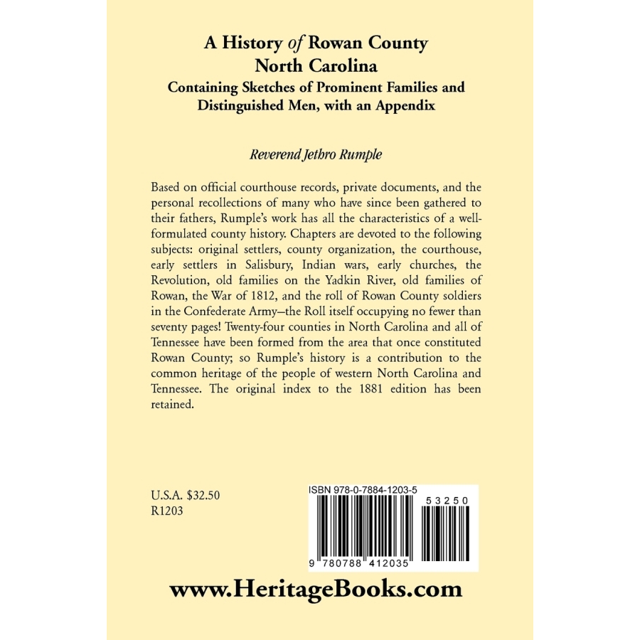 A History of Rowan County, North Carolina back cover