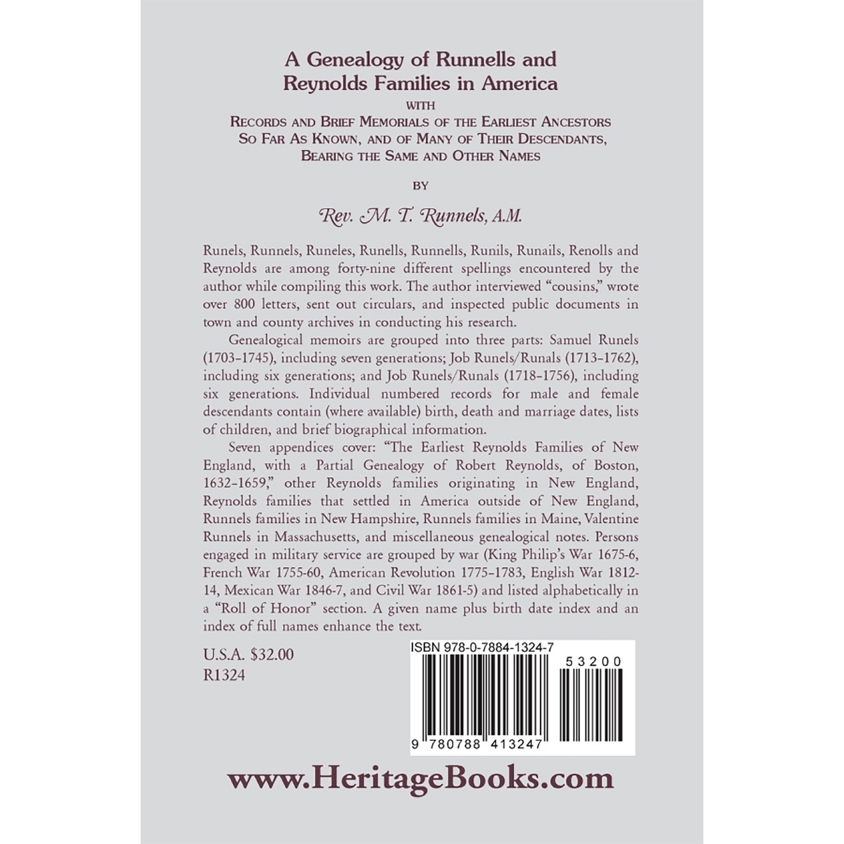 A Genealogy of Runnells and Reynolds Families in America back cover