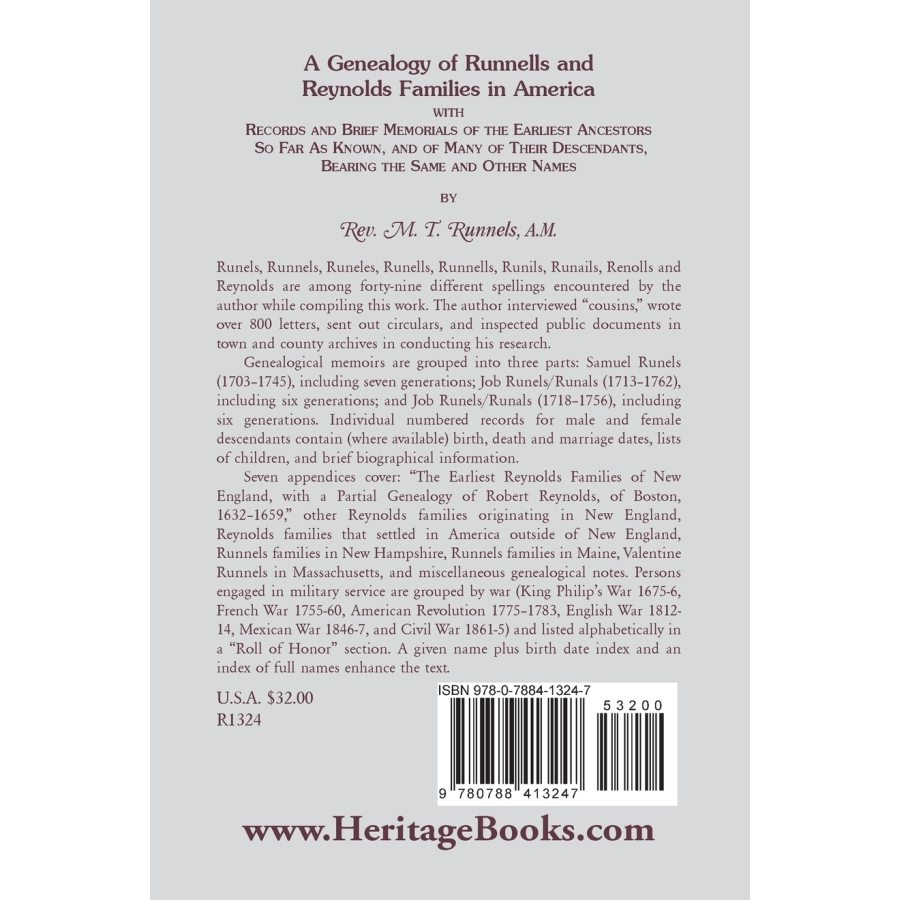 A Genealogy of Runnells and Reynolds Families in America back cover