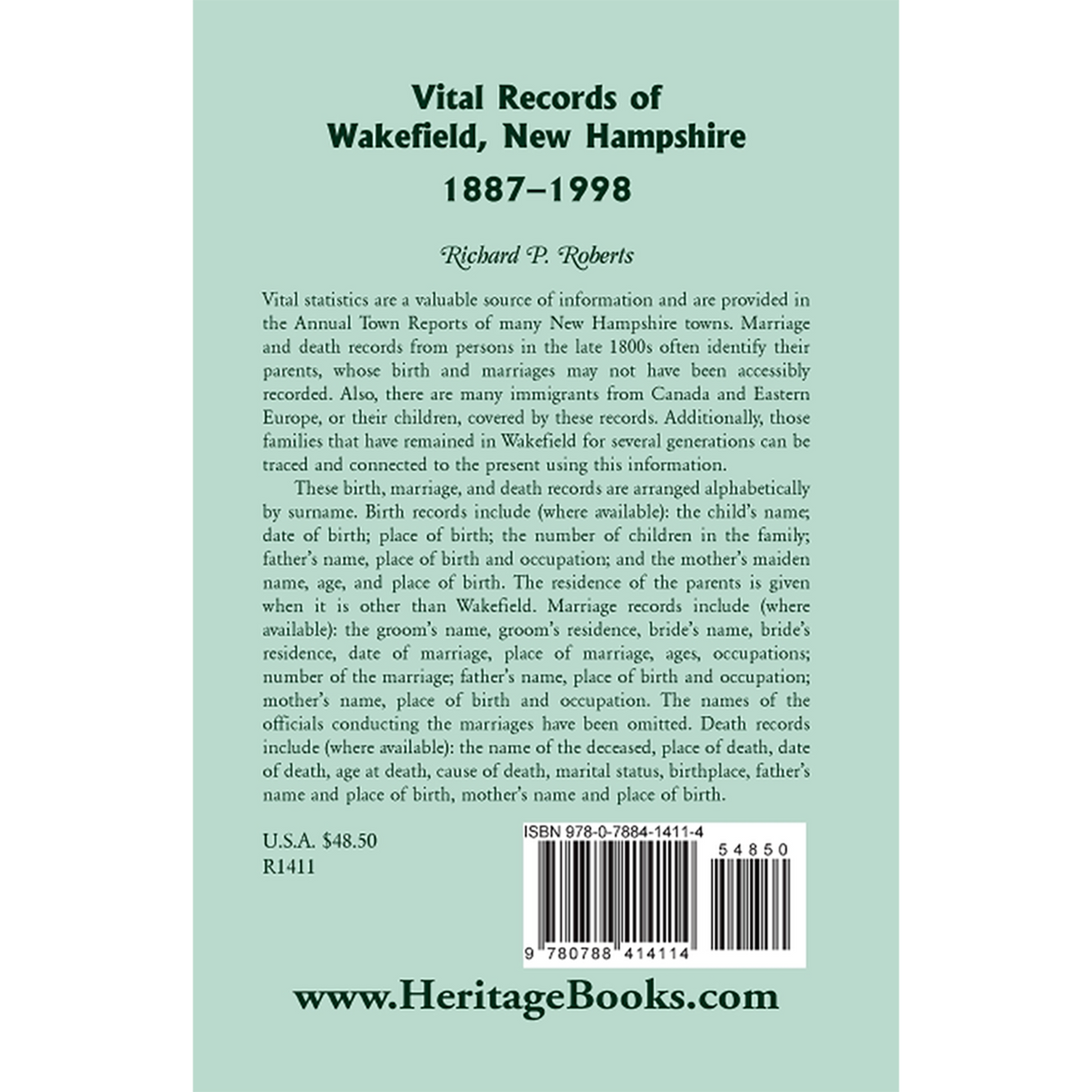 Vital Records of Wakefield, New Hampshire, 1887-1998 back cover