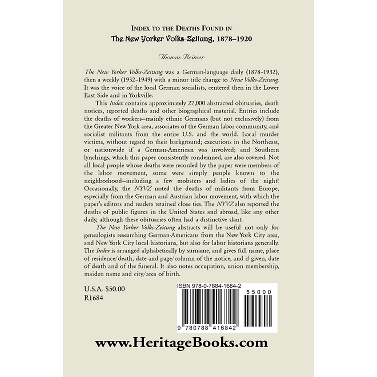 Index to the Deaths Found in the New Yorker Volks-Zeitung, 1878-1920 back cover