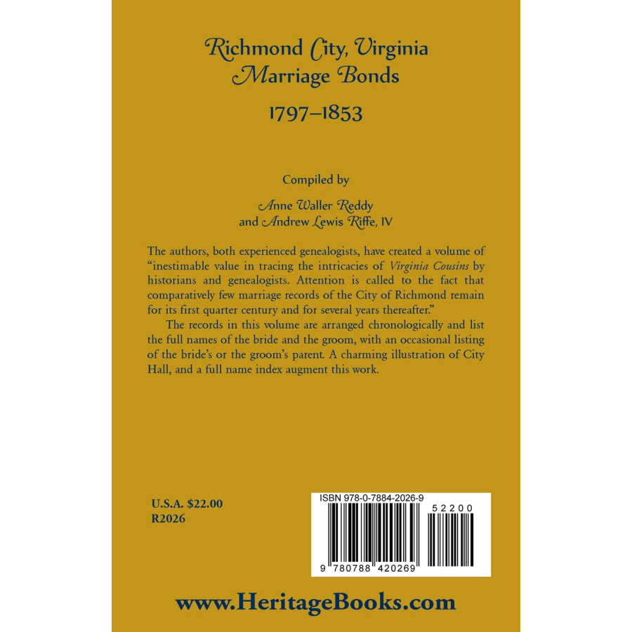 Richmond City, Virginia Marriage Bonds, 1797-1853 back cover