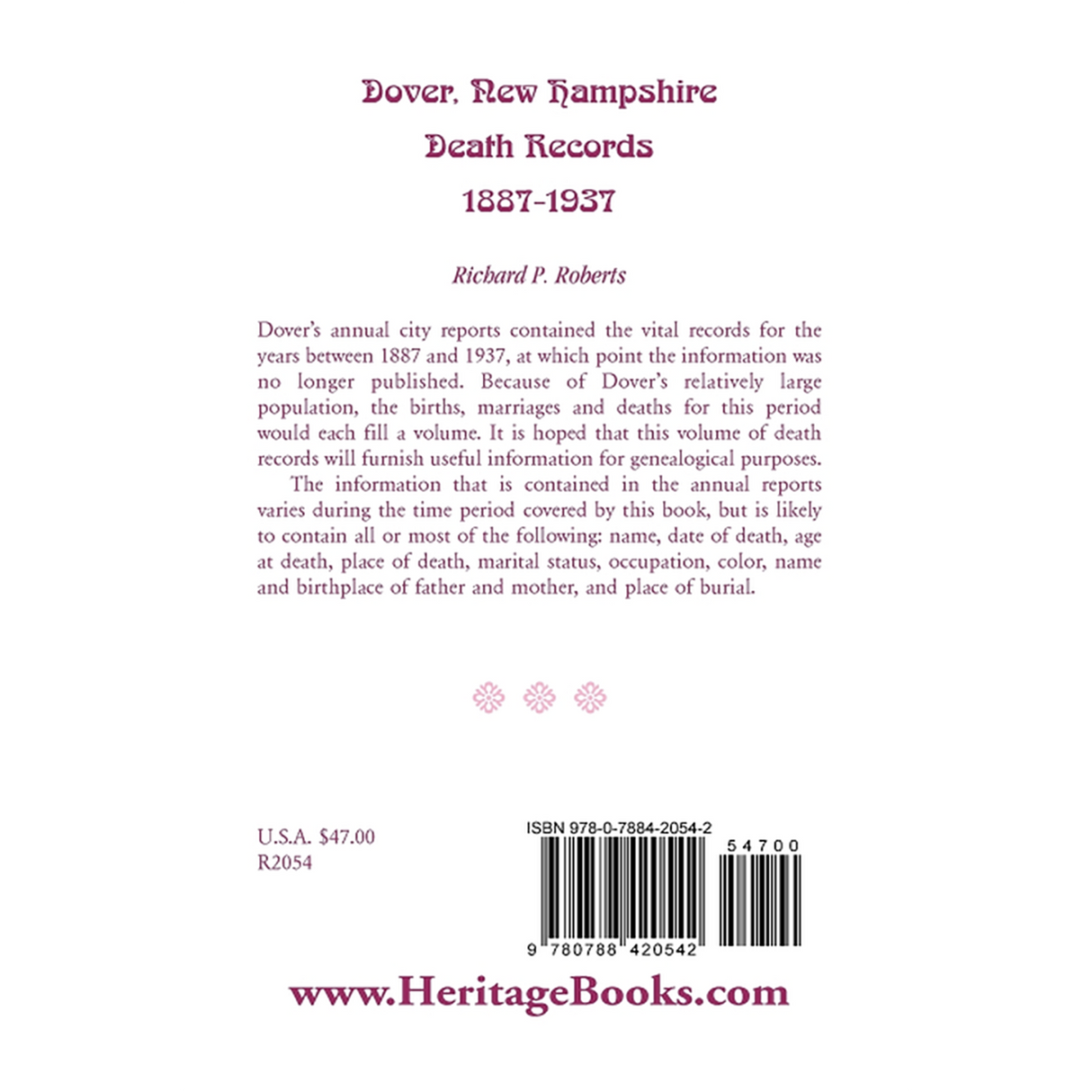 Dover, New Hampshire, Death Records, 1887-1937 back cover